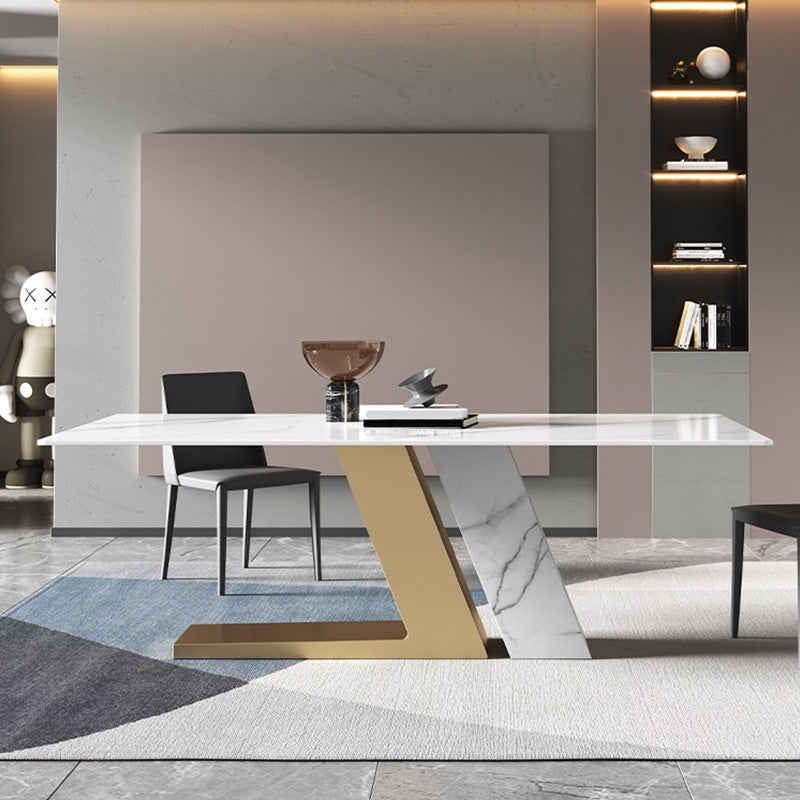 Mesa de rectángulo de base de metal dorado Mesa de comedor de piedra sinterizada en blanco y negro moderno