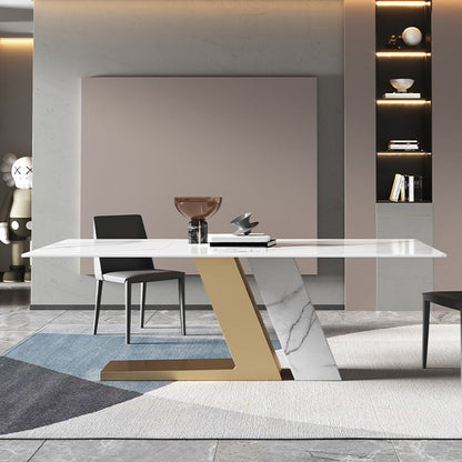 Mesa de rectángulo de base de metal dorado Mesa de comedor de piedra sinterizada en blanco y negro moderno