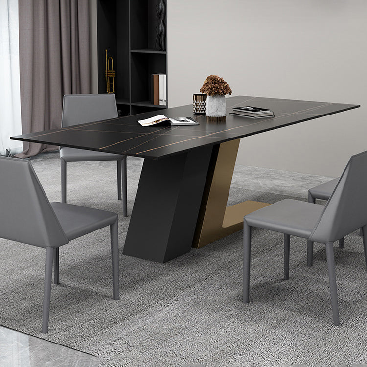 Mesa de rectángulo de base de metal dorado Mesa de comedor de piedra sinterizada en blanco y negro moderno