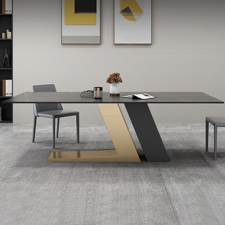 Mesa de rectángulo de base de metal dorado Mesa de comedor de piedra sinterizada en blanco y negro moderno