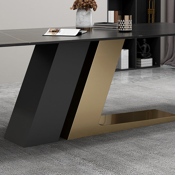 Mesa de rectángulo de base de metal dorado Mesa de comedor de piedra sinterizada en blanco y negro moderno