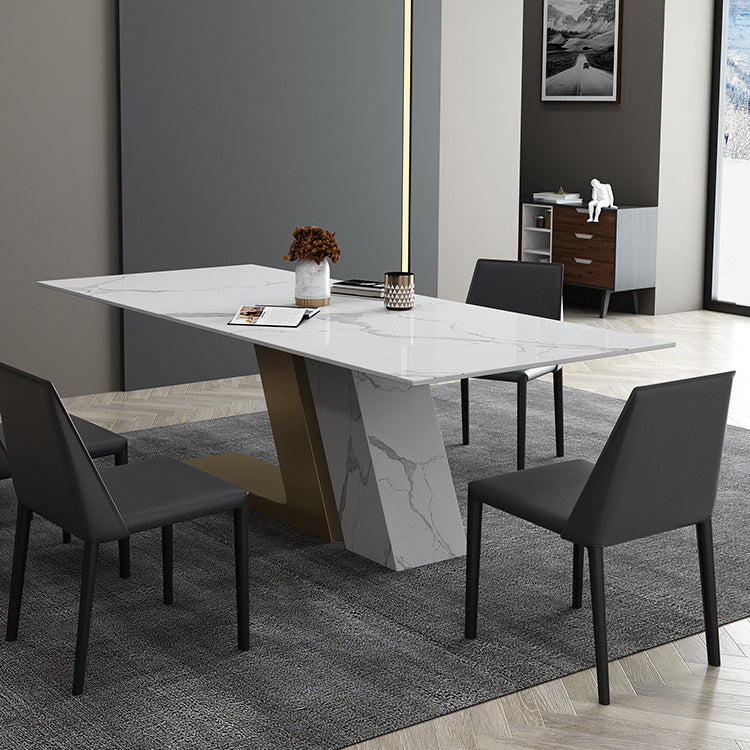 Mesa de rectángulo de base de metal dorado Mesa de comedor de piedra sinterizada en blanco y negro moderno