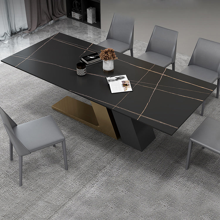 Mesa de rectángulo de base de metal dorado Mesa de comedor de piedra sinterizada en blanco y negro moderno