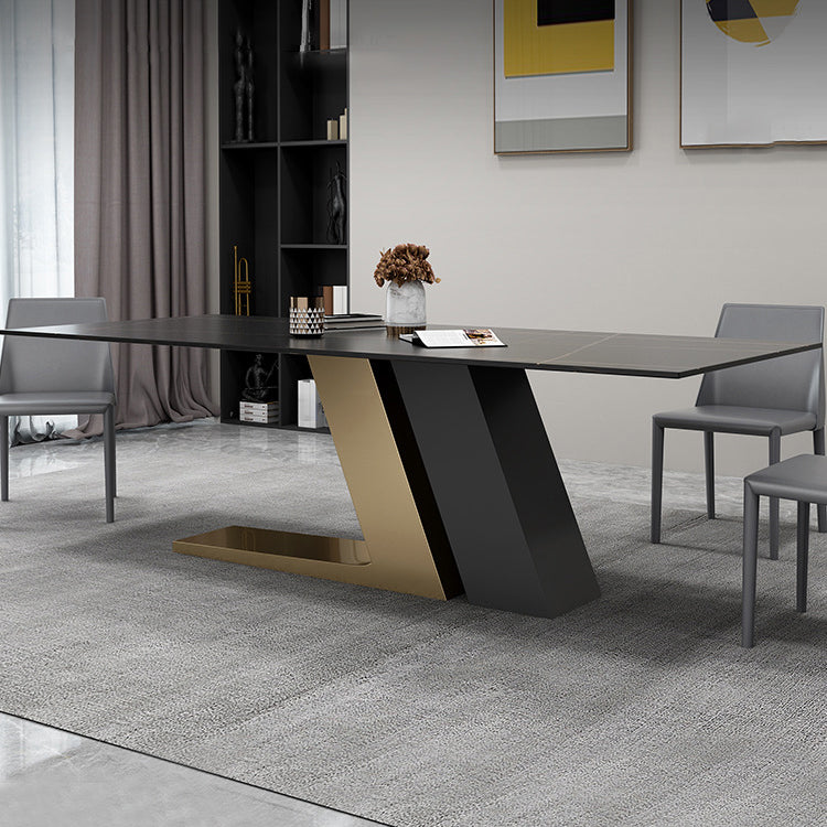 Mesa de rectángulo de base de metal dorado Mesa de comedor de piedra sinterizada en blanco y negro moderno