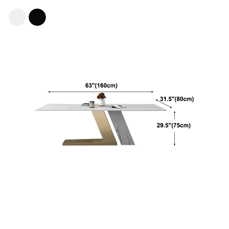 Mesa de rectángulo de base de metal dorado Mesa de comedor de piedra sinterizada en blanco y negro moderno