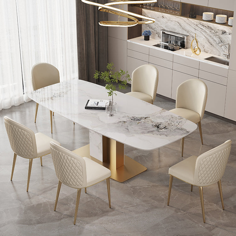 White and Gold Dining Collection Traditional Luxury Dining Pedestal Casual Table 63"L x 31.5"W x 29.5"H Without Chairs Clearhalo 'Dining Tables & Seating' 'Dining Tables' 'dining_table' 'furn' 'furn_dining_table' 'Furniture' 'Kitchen & Dining Furniture' 5876783
