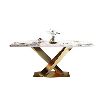 Gold Base Pedestal Dining Table Traditional Luxury Rectangle Stone Dinner Table Without Chairs