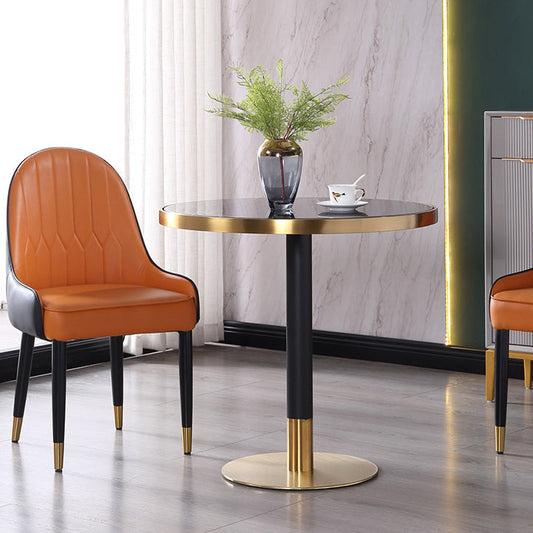 Stone Top Table Metal Traditional Luxury Round Dining Table with Pedestal Base Black 23.6"L x 23.6"W x 29.5"H Without Chairs
