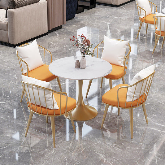 White Sintered Stone Top Table with Tulip Base Metal Traditional Luxury Round Dining Table Gold 23.6"L x 23.6"W x 29.5"H Without Chairs