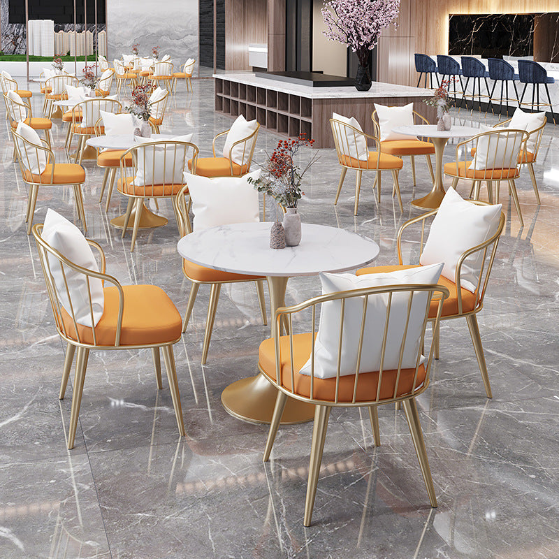 White Sintered Stone Top Table with Tulip Base Metal Traditional Luxury Round Dining Table Clearhalo 'Dining Tables & Seating' 'Dining Tables' 'dining_table' 'furn' 'furn_dining_table' 'Furniture' 'Kitchen & Dining Furniture' 5876948