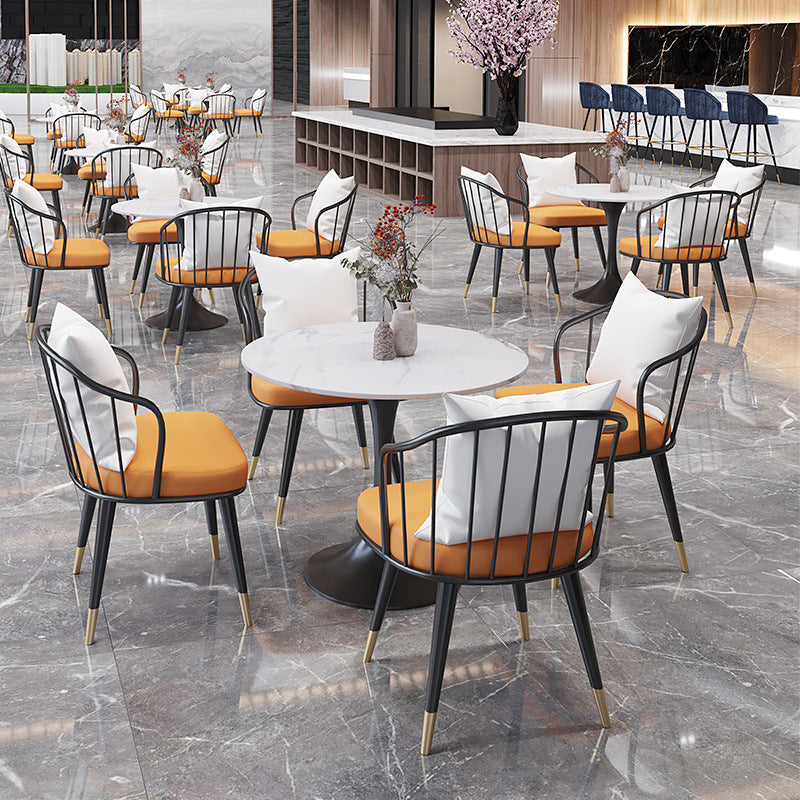 White Sintered Stone Top Table with Tulip Base Metal Traditional Luxury Round Dining Table Clearhalo 'Dining Tables & Seating' 'Dining Tables' 'dining_table' 'furn' 'furn_dining_table' 'Furniture' 'Kitchen & Dining Furniture' 5876949