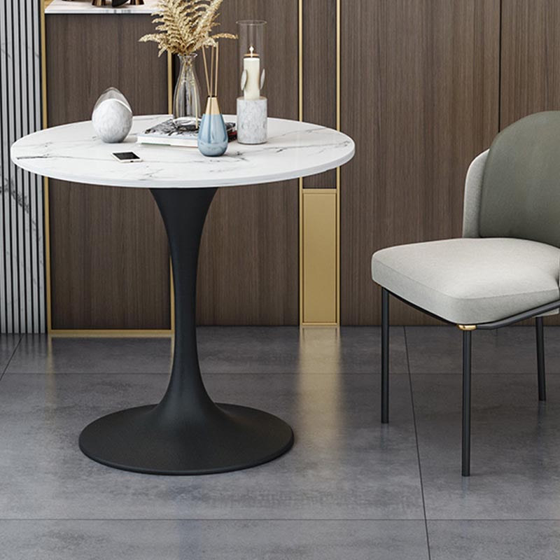 White Sintered Stone Top Table with Tulip Base Metal Traditional Luxury Round Dining Table Black Without Chairs Clearhalo 'Dining Tables & Seating' 'Dining Tables' 'dining_table' 'furn' 'furn_dining_table' 'Furniture' 'Kitchen & Dining Furniture' 5876955