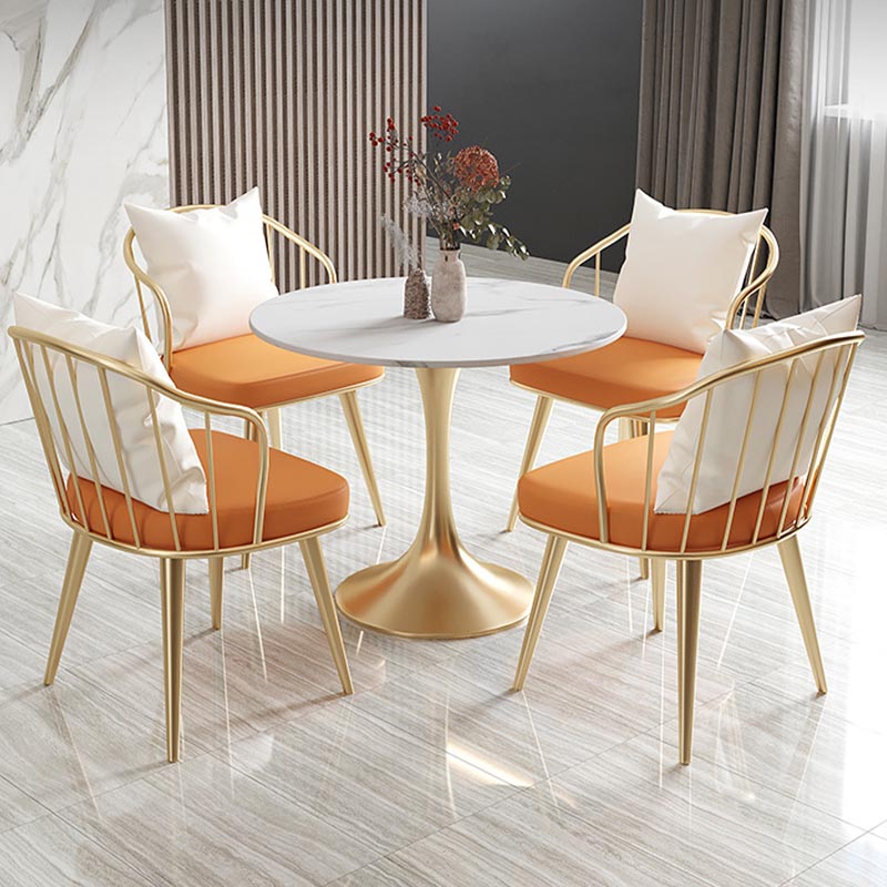 White Sintered Stone Top Table with Tulip Base Metal Traditional Luxury Round Dining Table Gold 31.5"L x 31.5"W x 29.5"H Without Chairs Clearhalo 'Dining Tables & Seating' 'Dining Tables' 'dining_table' 'furn' 'furn_dining_table' 'Furniture' 'Kitchen & Dining Furniture' 5876957