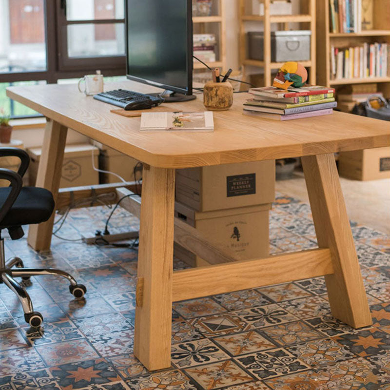 Modern Rectangle Dining Table Natural Solid Wood Trestle Dining Table