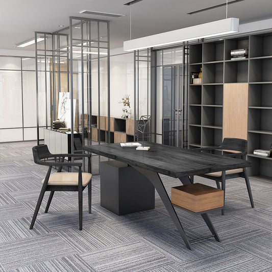 Black Writing Desk Modern Style Solid Wood Top Metal Legs with Drawers Clearhalo 'furn' 'furn_office_desk' 'Furniture' 'Office Desks' 'Office Furniture' 'office_desk' 5881524