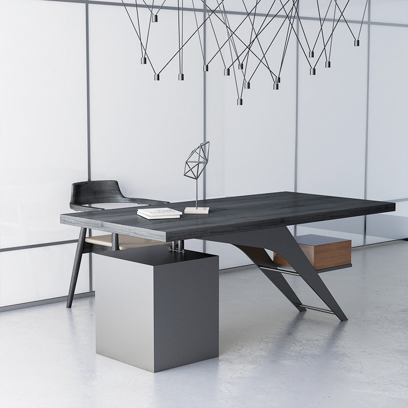 Black Writing Desk Modern Style Solid Wood Top Metal Legs with Drawers Clearhalo 'furn' 'furn_office_desk' 'Furniture' 'Office Desks' 'Office Furniture' 'office_desk' 5881525