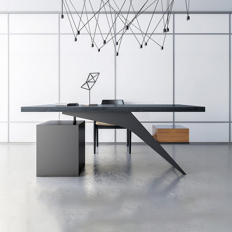 Black Writing Desk Modern Style Solid Wood Top Metal Legs with Drawers Clearhalo 'furn' 'furn_office_desk' 'Furniture' 'Office Desks' 'Office Furniture' 'office_desk' 5881526