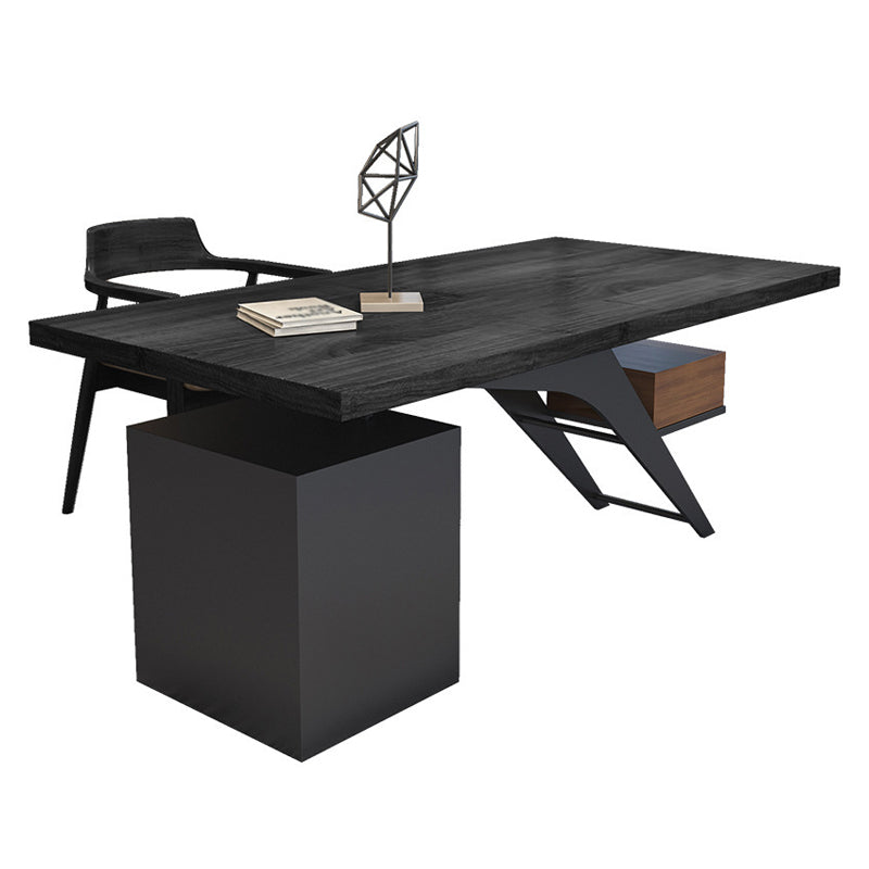 Black Writing Desk Modern Style Solid Wood Top Metal Legs with Drawers 70.9"L x 31.5"W x 29.5"H Clearhalo 'furn' 'furn_office_desk' 'Furniture' 'Office Desks' 'Office Furniture' 'office_desk' 5881527