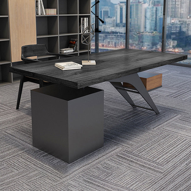 Black Writing Desk Modern Style Solid Wood Top Metal Legs with Drawers Clearhalo 'furn' 'furn_office_desk' 'Furniture' 'Office Desks' 'Office Furniture' 'office_desk' 5881530