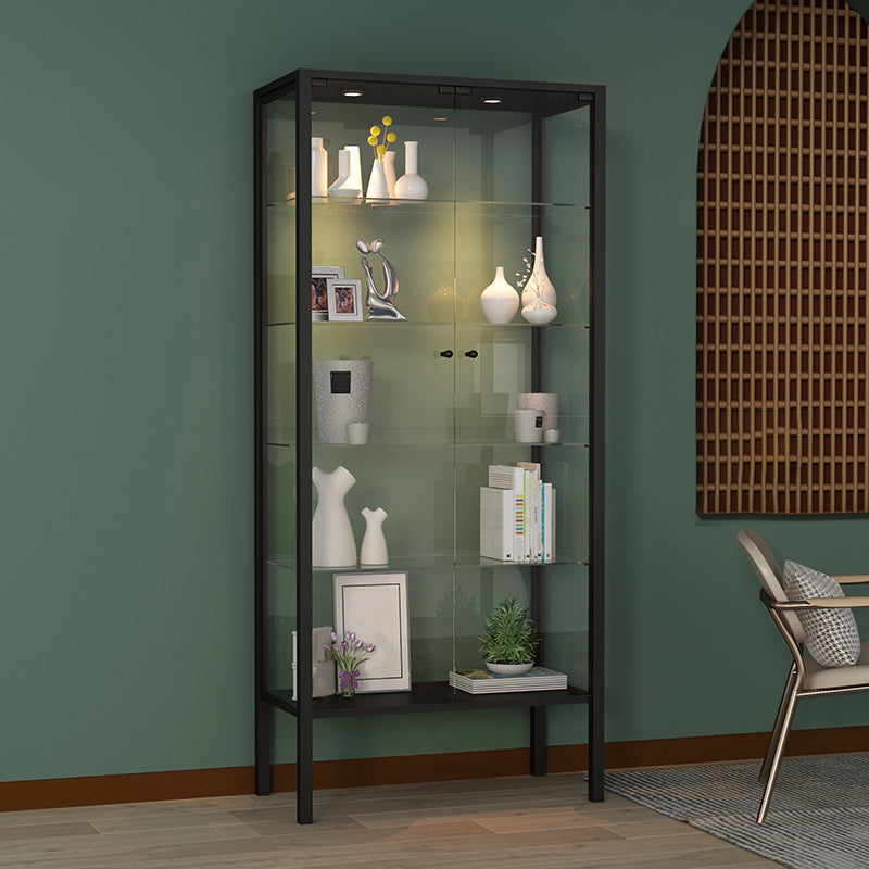 Modern Metal Curio Cabinet Glass Doors with Lighting, 31"L X 16"W 31"L x 16"W x 71"H Black Clearhalo 'Display & China Cabinets' 'display_china_cabinets' 'furn' 'furn_display_china_cabinets' 'Furniture' 'Kitchen & Dining Furniture' 5885007