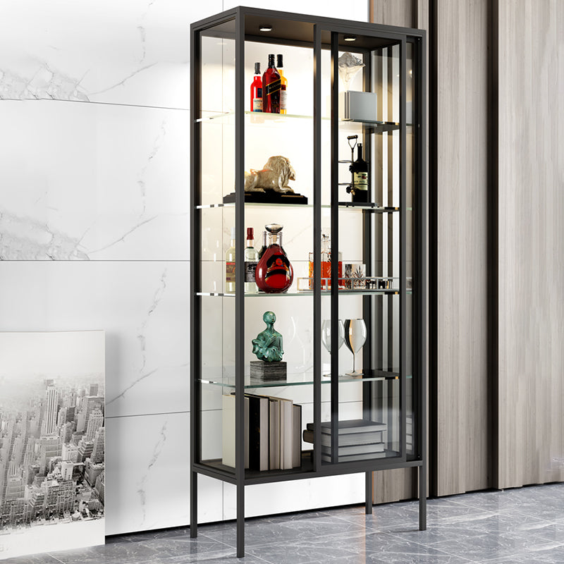 Modern Steel Curio Cabinet Standard 14" W Cabinet for Dining Room Black Sliding Doors Clearhalo 'Display & China Cabinets' 'display_china_cabinets' 'furn' 'furn_display_china_cabinets' 'Furniture' 'Kitchen & Dining Furniture' 5885272