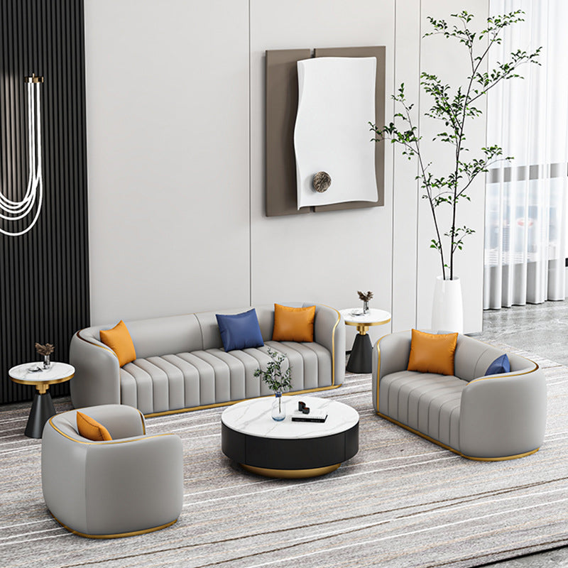 Tuxedo Arm Sofa in Grey/Blue Faux Leather Sofa with Metal Accent Clearhalo 'furn' 'furn_sofas' 'Furniture' 'Living Room Furniture' 'Sofa' 'sofas' 5889203