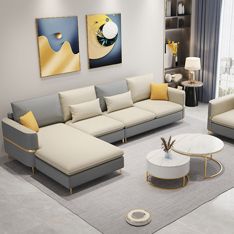 106.3" W Square Arm Sofa & Chaise, Faux Leather Sectional Sofa Cream Gray Left Clearhalo 'furn' 'furn_sectionals' 'Furniture' 'Living Room Furniture' 'Sectionals' 5889279