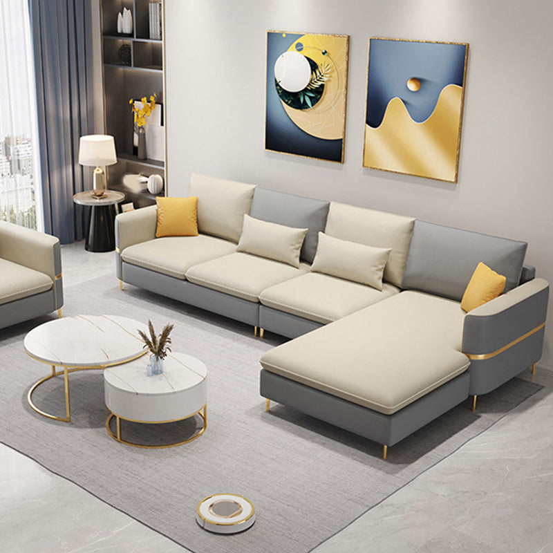 106.3" W Square Arm Sofa & Chaise, Faux Leather Sectional Sofa Cream Gray Right Clearhalo 'furn' 'furn_sectionals' 'Furniture' 'Living Room Furniture' 'Sectionals' 5889280