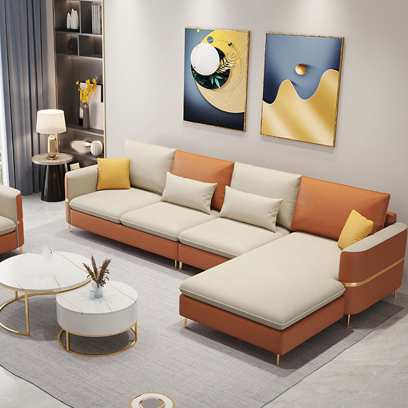 106.3" W Square Arm Sofa & Chaise, Faux Leather Sectional Sofa Beige Orange Right Clearhalo 'furn' 'furn_sectionals' 'Furniture' 'Living Room Furniture' 'Sectionals' 5889281