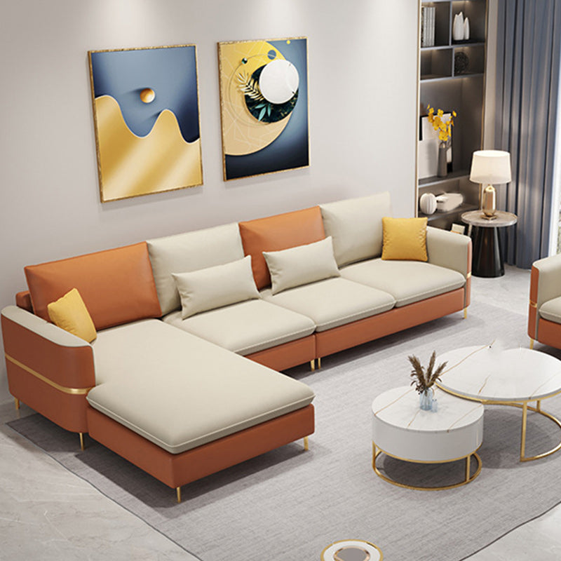 106.3" W Square Arm Sofa & Chaise, Faux Leather Sectional Sofa Beige Orange Left Clearhalo 'furn' 'furn_sectionals' 'Furniture' 'Living Room Furniture' 'Sectionals' 5889282