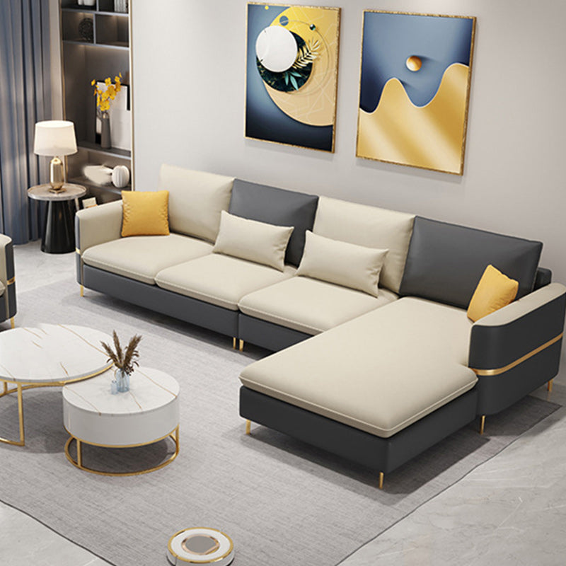 106.3" W Square Arm Sofa & Chaise, Faux Leather Sectional Sofa Grey Beige Right Clearhalo 'furn' 'furn_sectionals' 'Furniture' 'Living Room Furniture' 'Sectionals' 5889283