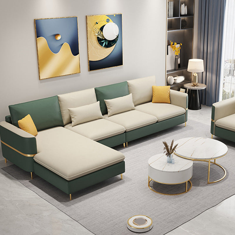 106.3" W Square Arm Sofa & Chaise, Faux Leather Sectional Sofa Beige Green Left Clearhalo 'furn' 'furn_sectionals' 'Furniture' 'Living Room Furniture' 'Sectionals' 5889286