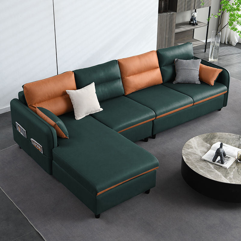 4-Seater Square Arm Sofa & Chaise Faux Leather Sofa with Storage Green Orange Left Clearhalo 'furn' 'furn_sectionals' 'Furniture' 'Living Room Furniture' 'Sectionals' 5889384