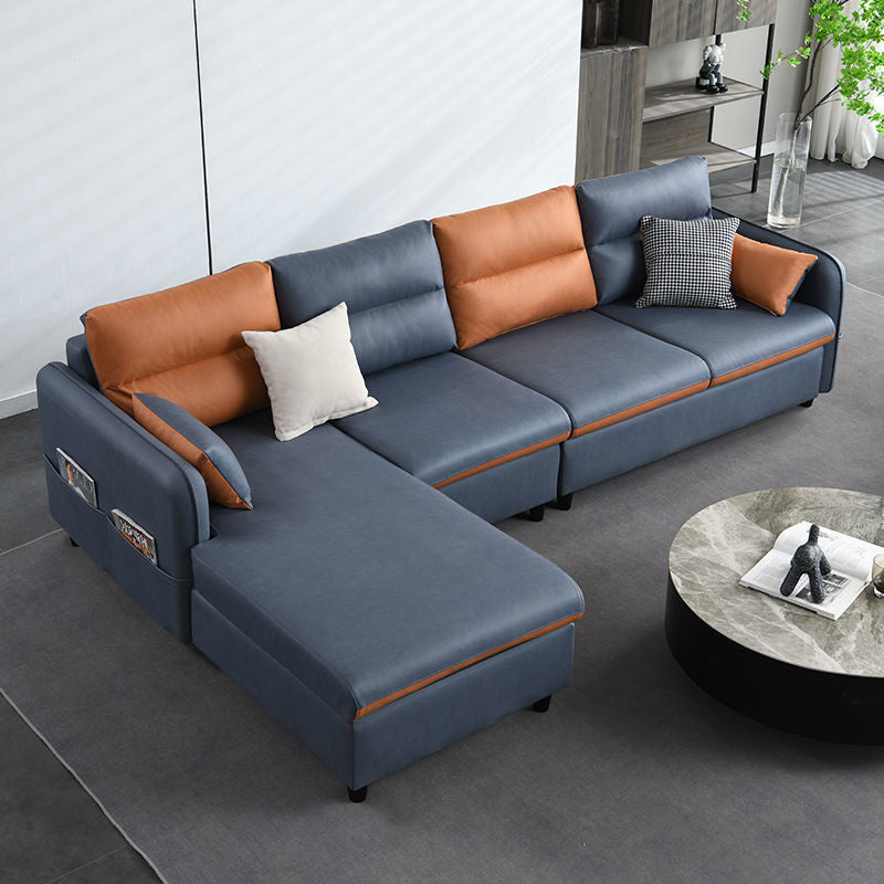 4-Seater Square Arm Sofa & Chaise Faux Leather Sofa with Storage Grey Orange Left Clearhalo 'furn' 'furn_sectionals' 'Furniture' 'Living Room Furniture' 'Sectionals' 5889386