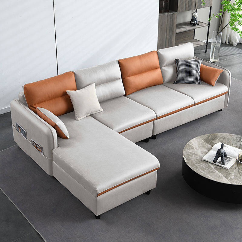 4-Seater Square Arm Sofa & Chaise Faux Leather Sofa with Storage Orange White Left Clearhalo 'furn' 'furn_sectionals' 'Furniture' 'Living Room Furniture' 'Sectionals' 5889388