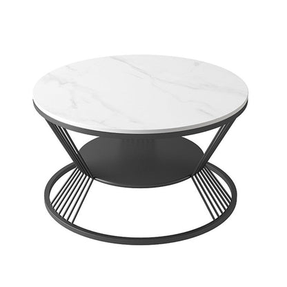 Glam Round Stone Top Coffee Table with Steel Shelf and Frame Base Black White Clearhalo 'Coffee & Accent Tables' 'Coffee Tables' 'coffee_tables' 'furn' 'furn_coffee_tables' 'Furniture' 'Living Room Furniture' 5889544