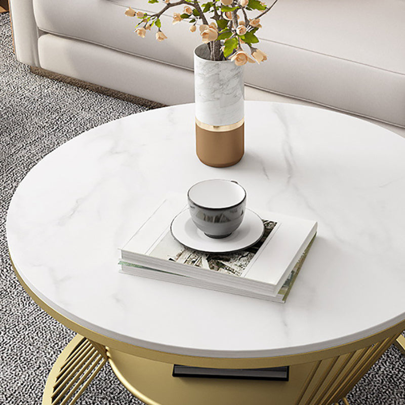 Glam Round Stone Top Coffee Table with Steel Shelf and Frame Base Clearhalo 'Coffee & Accent Tables' 'Coffee Tables' 'coffee_tables' 'furn' 'furn_coffee_tables' 'Furniture' 'Living Room Furniture' 5889547