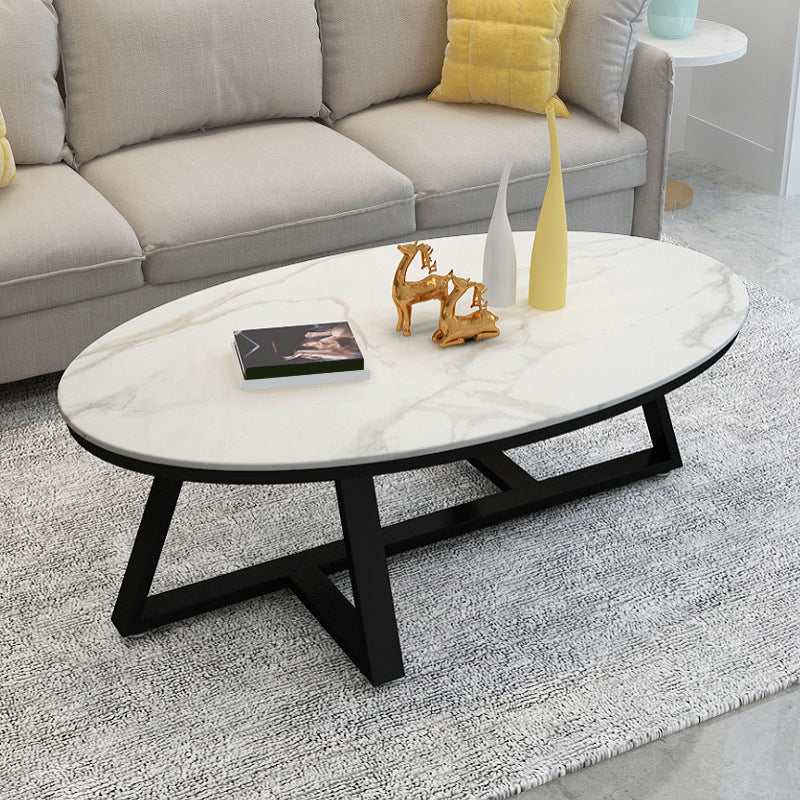 Cross Legs Coffee Table with Stone Oval Top and Iron Base Cocktail Table Black Black White Clearhalo 'Coffee & Accent Tables' 'Coffee Tables' 'coffee_tables' 'furn' 'furn_coffee_tables' 'Furniture' 'Living Room Furniture' 5889588