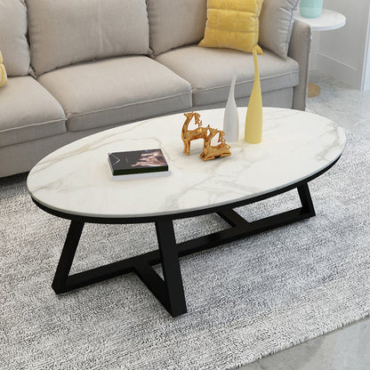 Cross Legs Coffee Table with Stone Oval Top and Iron Base Cocktail Table Black Black White Clearhalo 'Coffee & Accent Tables' 'Coffee Tables' 'coffee_tables' 'furn' 'furn_coffee_tables' 'Furniture' 'Living Room Furniture' 5889588