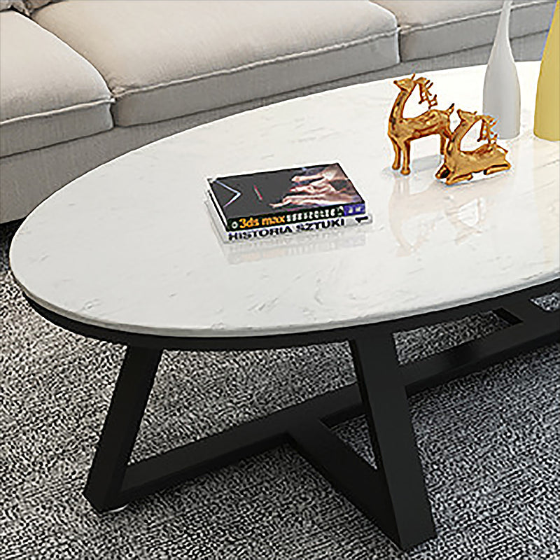 Cross Legs Coffee Table with Stone Oval Top and Iron Base Cocktail Table Clearhalo 'Coffee & Accent Tables' 'Coffee Tables' 'coffee_tables' 'furn' 'furn_coffee_tables' 'Furniture' 'Living Room Furniture' 5889592