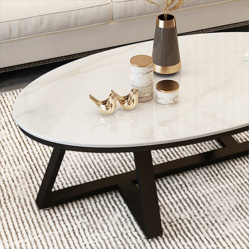 Cross Legs Coffee Table with Stone Oval Top and Iron Base Cocktail Table Clearhalo 'Coffee & Accent Tables' 'Coffee Tables' 'coffee_tables' 'furn' 'furn_coffee_tables' 'Furniture' 'Living Room Furniture' 5889593
