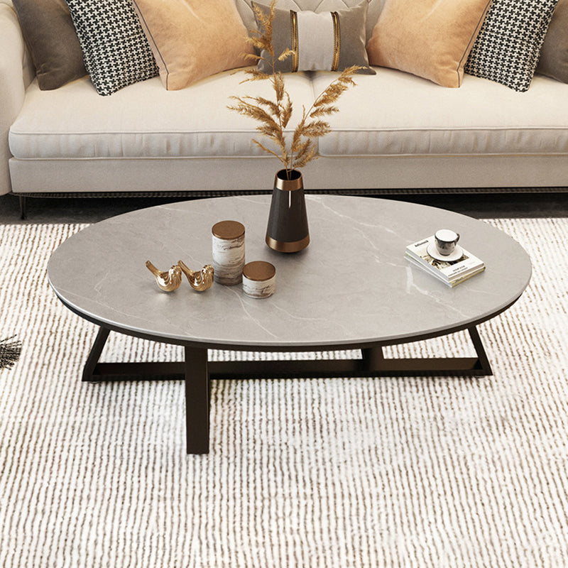 Cross Legs Coffee Table with Stone Oval Top and Iron Base Cocktail Table Black Gray Clearhalo 'Coffee & Accent Tables' 'Coffee Tables' 'coffee_tables' 'furn' 'furn_coffee_tables' 'Furniture' 'Living Room Furniture' 5889597