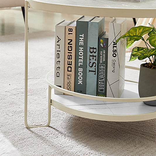 Tavolino rotondo contemporaneo con top in vetro e ripiano in pietra