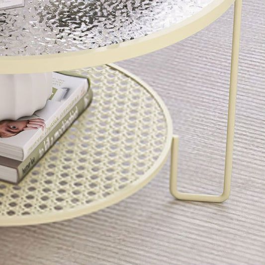 Tavolino moderno in vetro rotondo con 3 zampe di ferro e scaffale