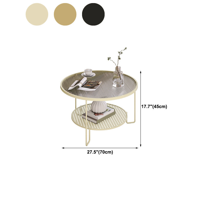 Tavolino moderno in vetro rotondo con 3 zampe di ferro e scaffale