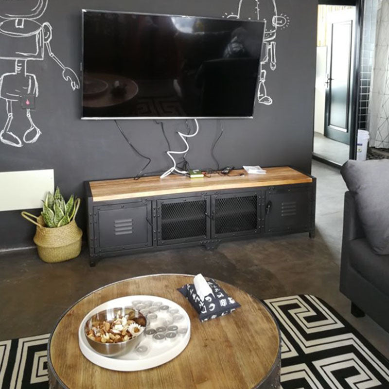 Industrial Iron & Pine Wood TV Stand for TVs 19.69" H 4 Doors TV Console Clearhalo 'furn' 'furn_tv_stands_entertainment_centers' 'Furniture' 'Living Room Furniture' 'TV Stands & Entertainment Centers' 'TV Stands & Media Storage Furniture' 'tv_stands_entertainment_centers' 5890947
