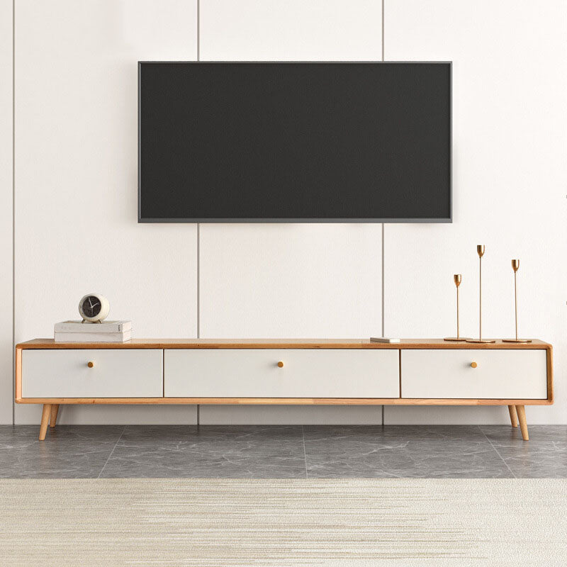 Solid Wood 13.78" H TV Stand Nordic 2 Drawers TV Stand Console 86.6"L x 9.8"W x 13.8"H Natural White Clearhalo 'furn' 'furn_tv_stands_entertainment_centers' 'Furniture' 'Living Room Furniture' 'TV Stands & Entertainment Centers' 'TV Stands & Media Storage Furniture' 'tv_stands_entertainment_centers' 5890960