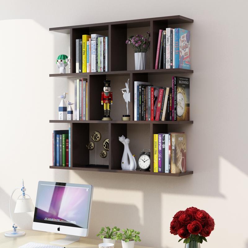 Modern Wall Mounted Shelf Bookcase Horizontal Engineered Wood Bookshelf