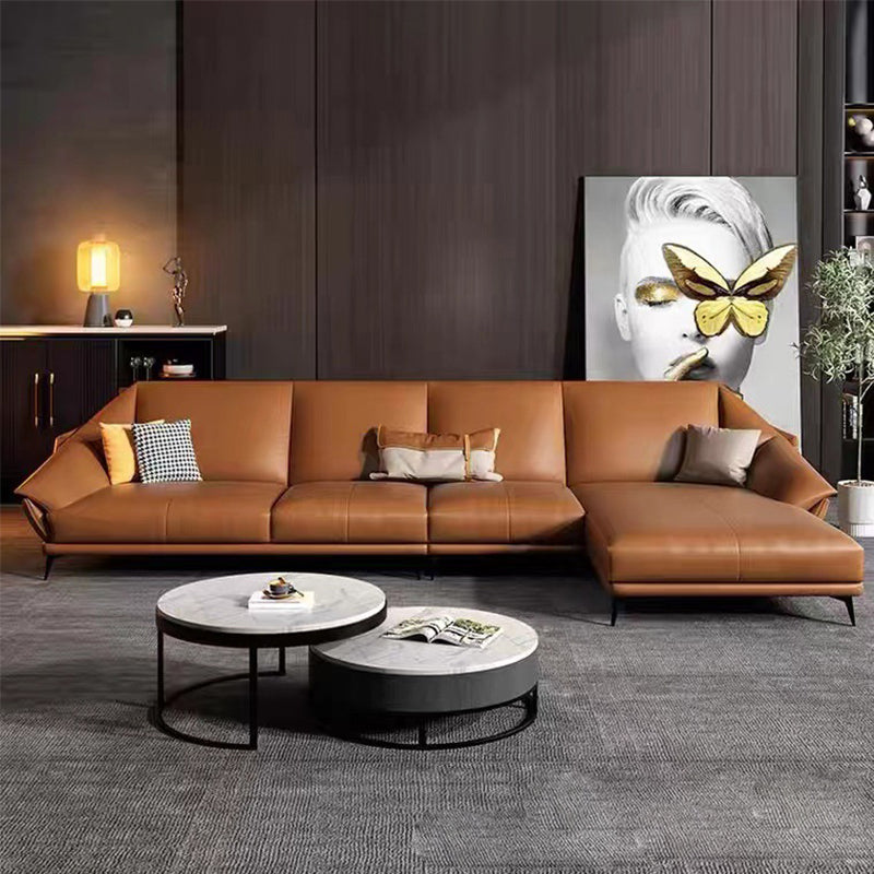 Glam Genuine Leather Living Room Flared Arm Modular Cushions Seating Orange Right Clearhalo 'furn' 'furn_sectionals' 'Furniture' 'Living Room Furniture' 'Sectionals' 5895206
