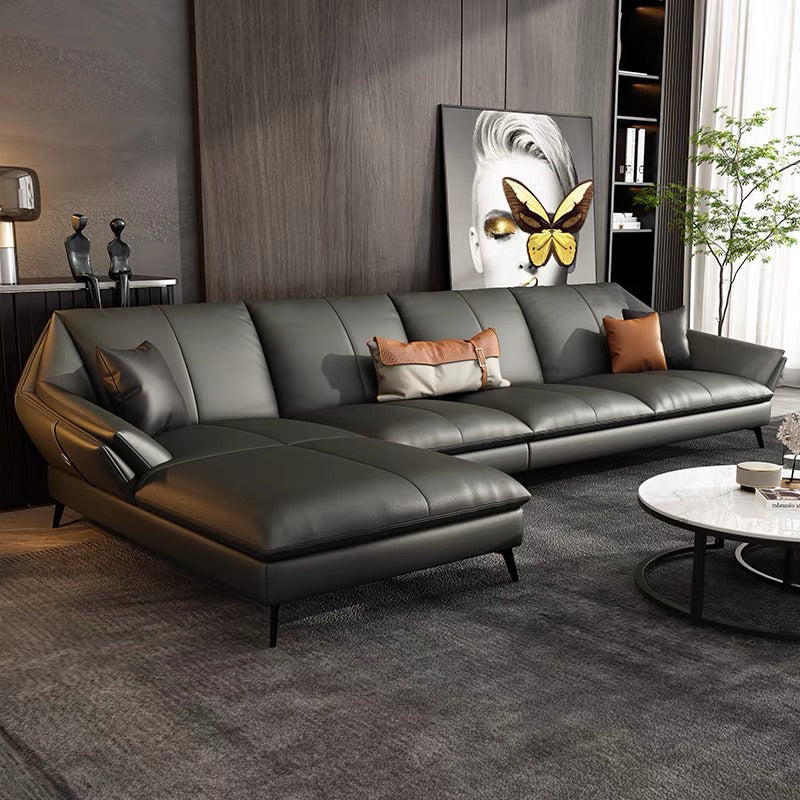 Glam Genuine Leather Living Room Flared Arm Modular Cushions Seating Grey Left Clearhalo 'furn' 'furn_sectionals' 'Furniture' 'Living Room Furniture' 'Sectionals' 5895212